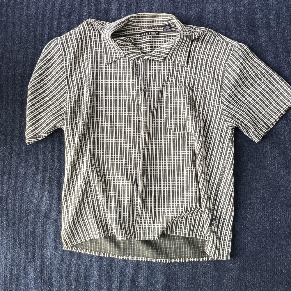 John‎ Henry Shirt Mens XL Green Windowpane Short Sleeve Button Front Pocket Top